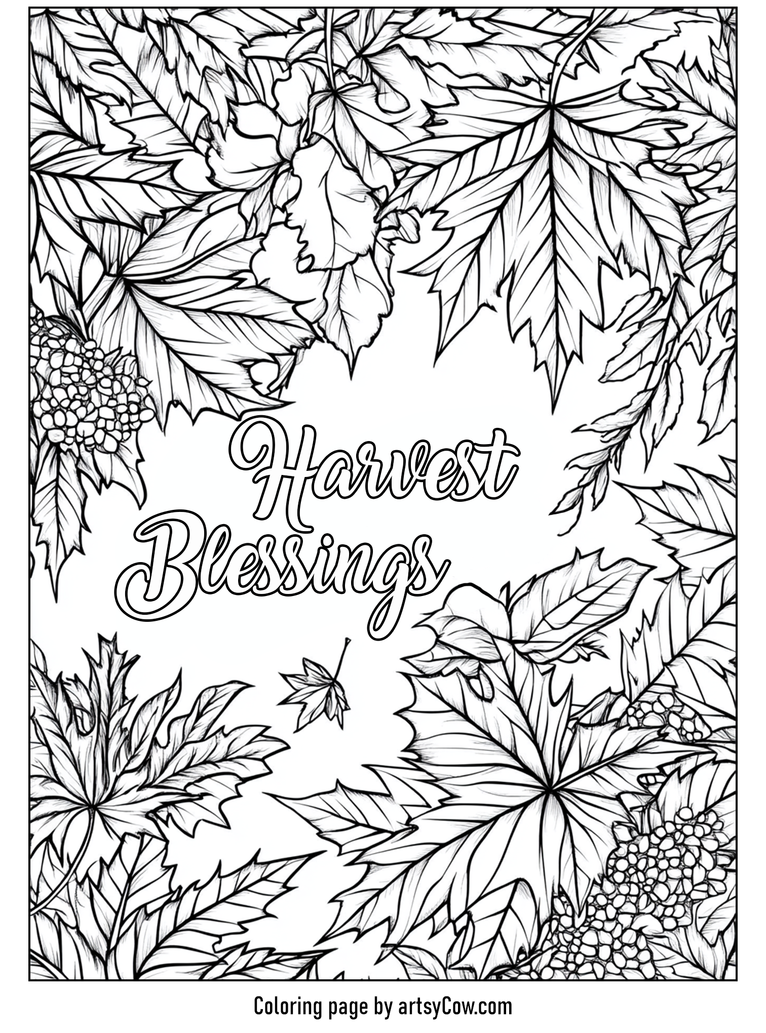 Thanksgiving coloring pages for adults featuring intricate fall leaves surrounding the words 'Harvest Blessings'.